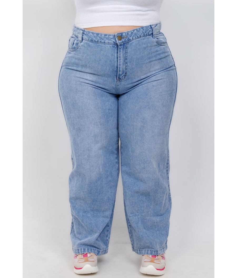 Calça Jeans Sem Lycra Wide Leg Feminina Plus Size 