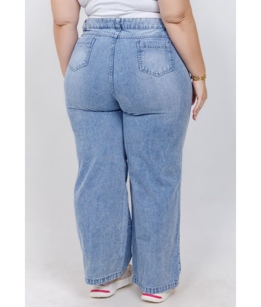 Calça Jeans Sem Lycra Wide Leg Feminina Plus Size 