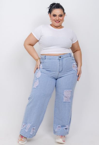 Calça Jeans Sem Lycra Wide Leg Feminina Plus Size Destroyed em PELOTAS RS