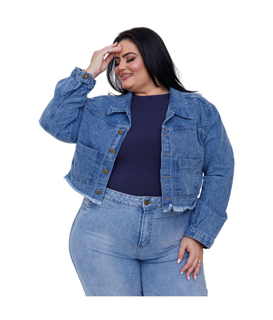 Jaqueta Jeans Plus Size Sem Lycra Marmorizado Bolsos 