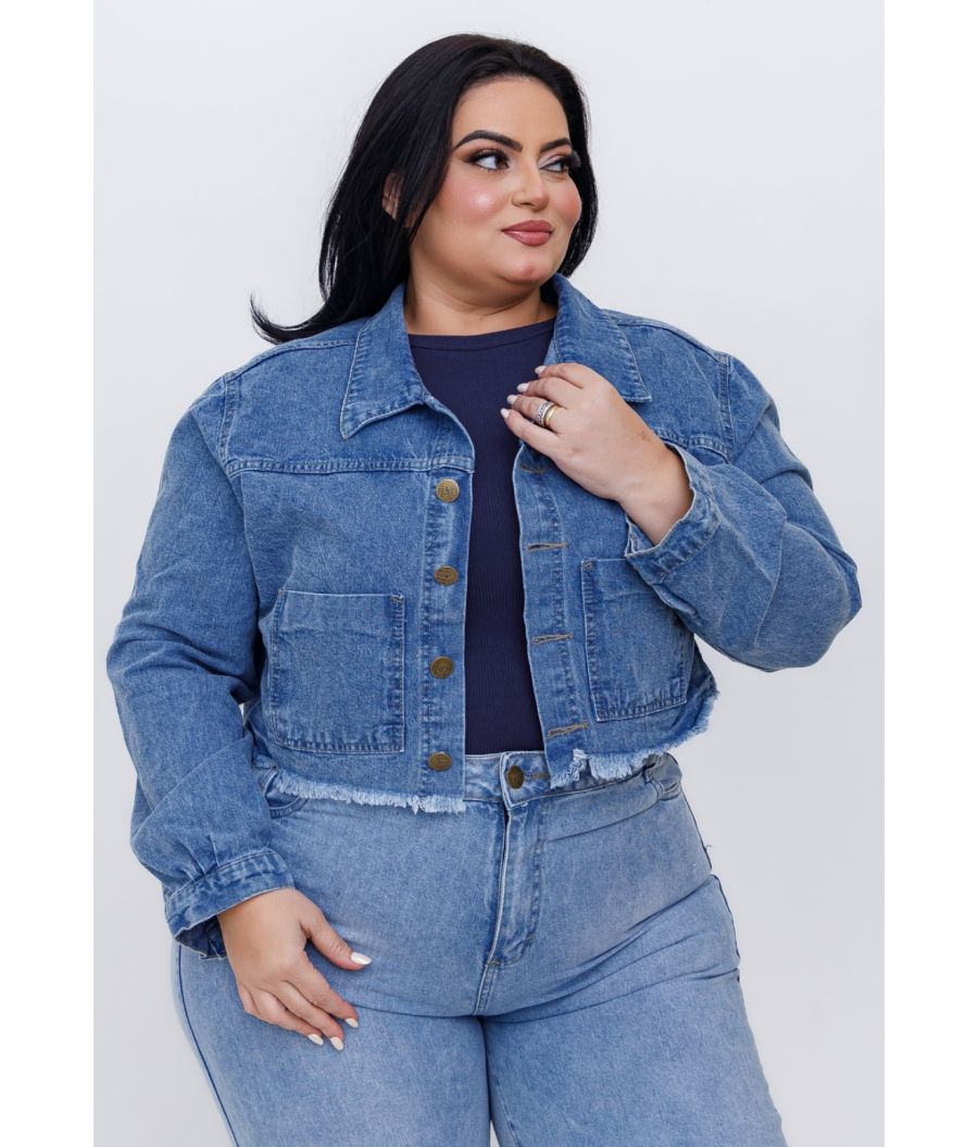 Jaqueta Jeans Plus Size Sem Lycra Marmorizado Bolsos 