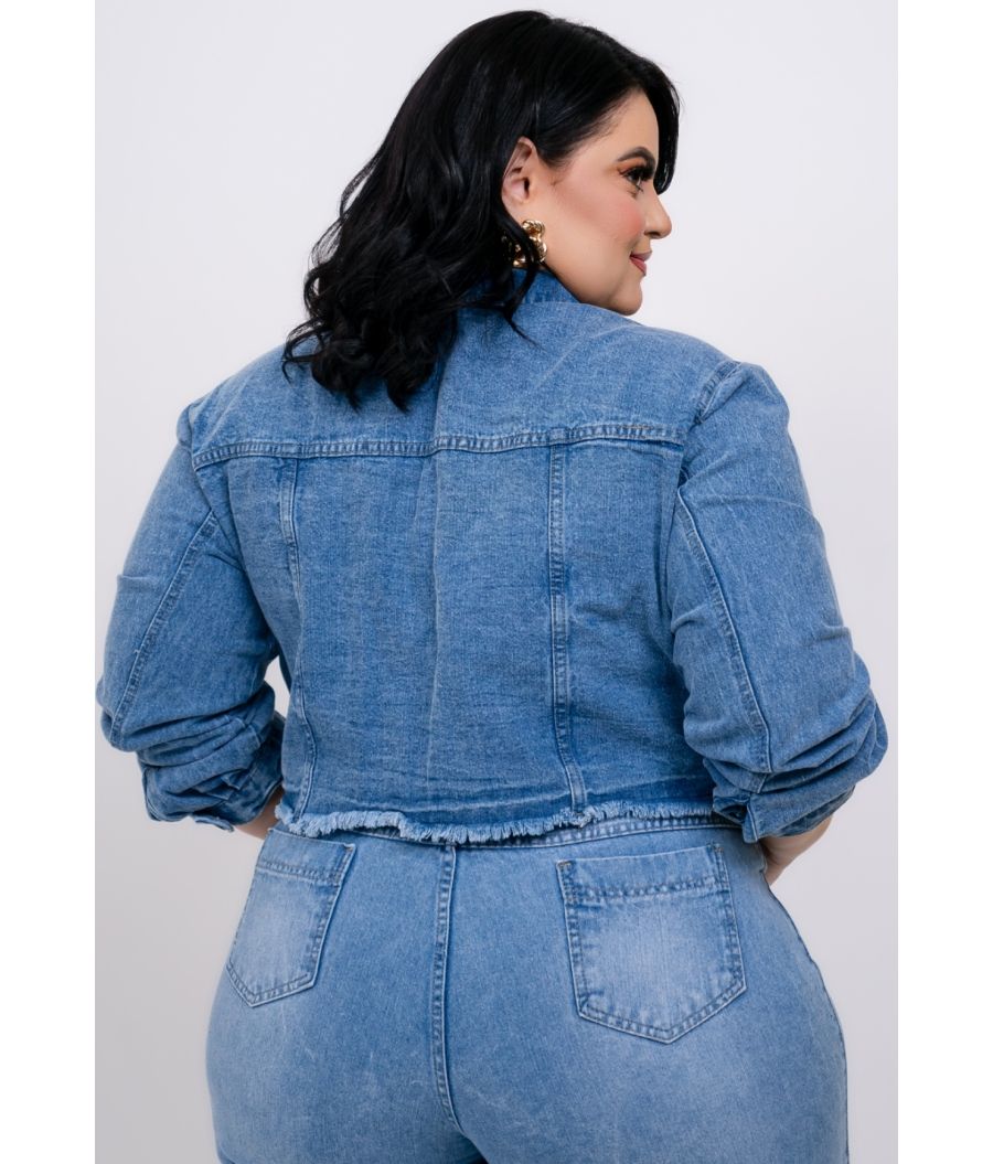 Jaqueta Jeans Plus Size Sem Lycra Marmorizado Bolsos 
