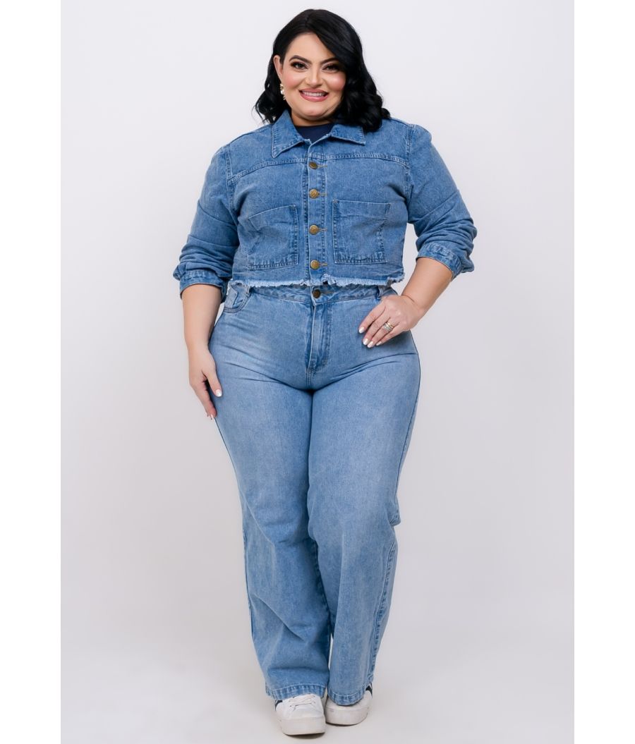 Jaqueta Jeans Plus Size Sem Lycra Marmorizado Bolsos 