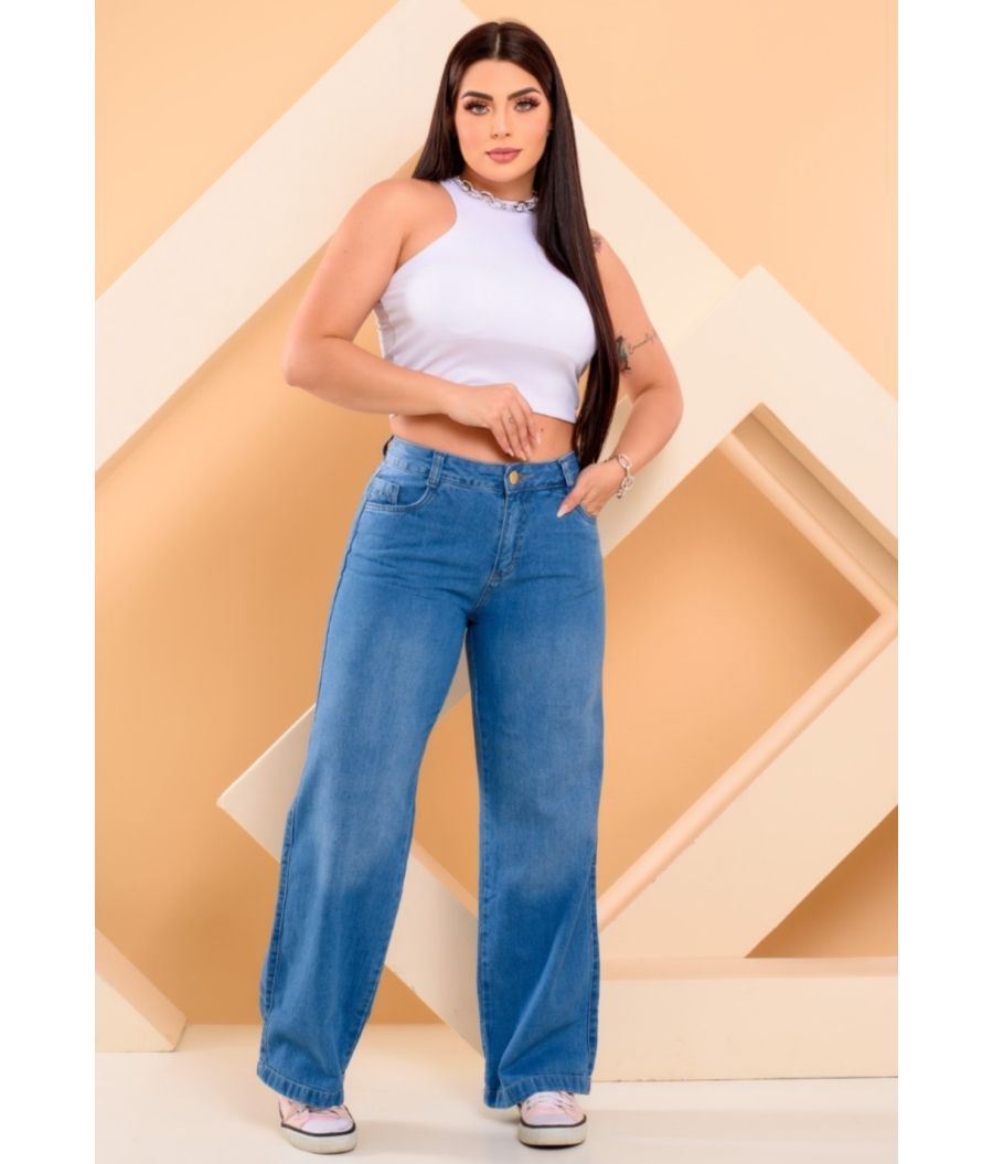 Calça Jeans Wide Leg Feminina Sem Lycra