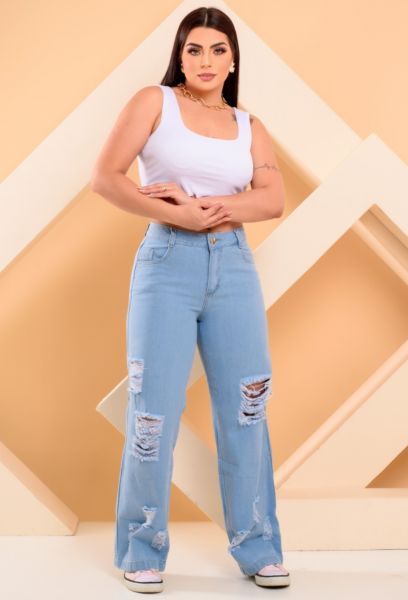 Calça Jeans Wide Leg Feminina Sem Lycra Destroyed em PELOTAS RS