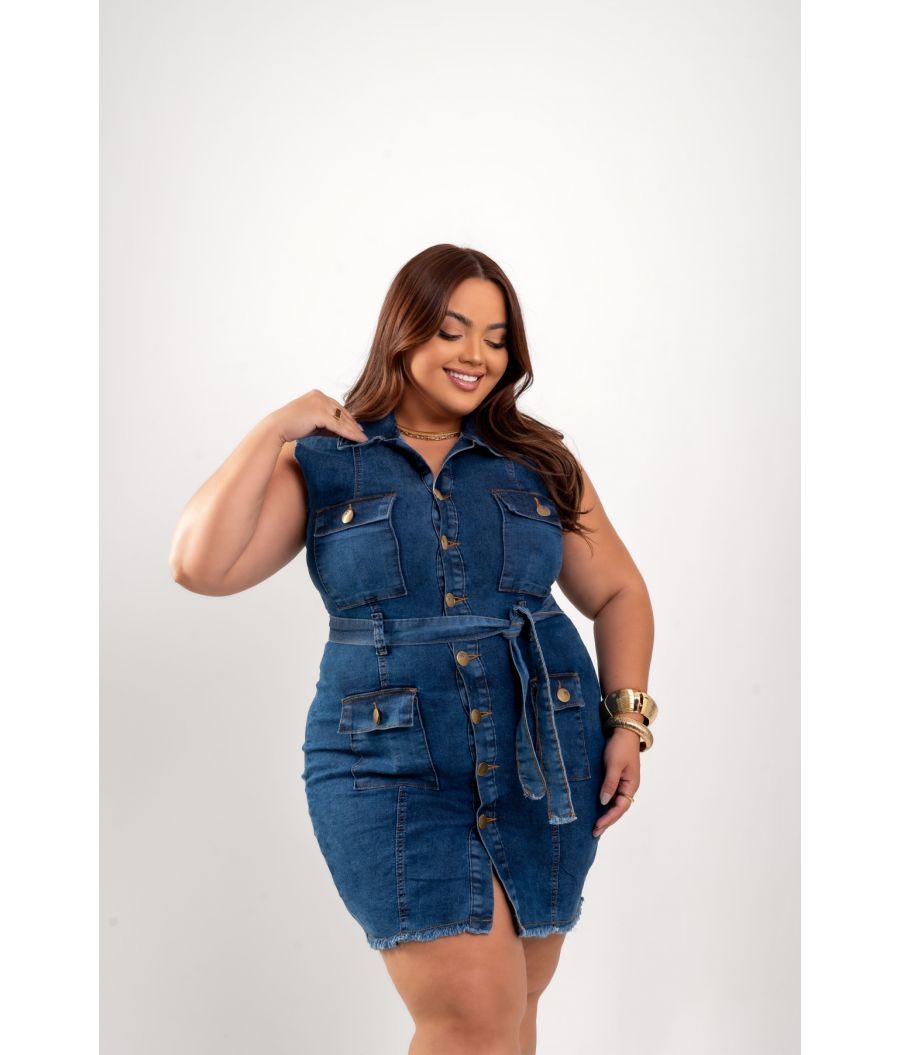 Vestido Jeans Feminino Plus Size Cintura Alta Com Cinto