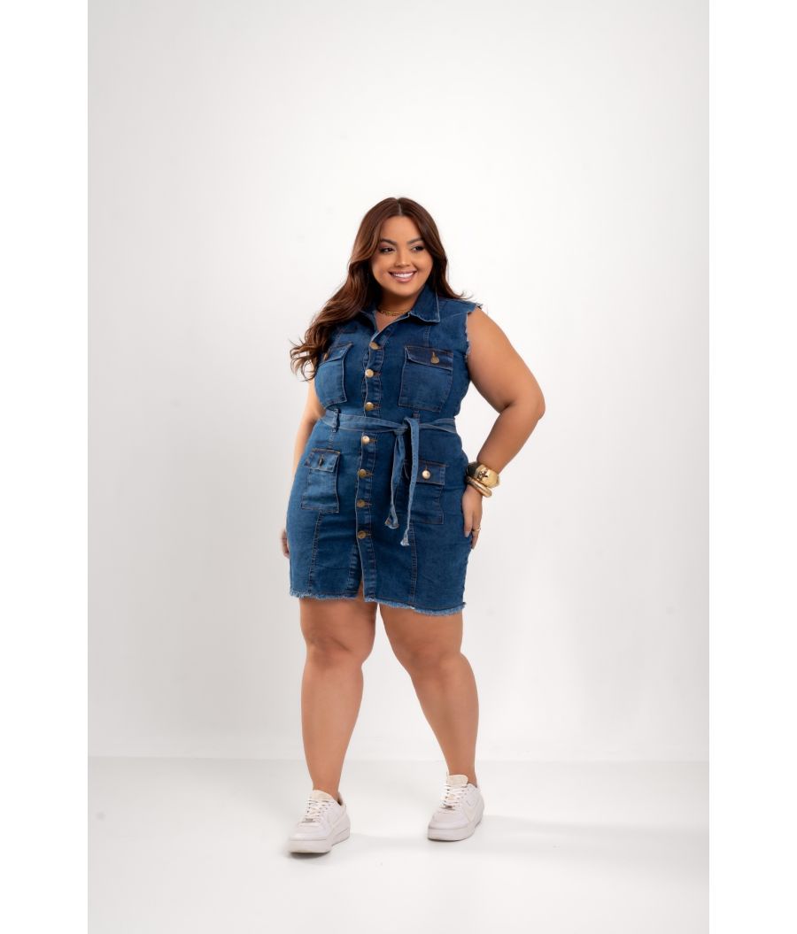 Vestido Jeans Feminino Plus Size Cintura Alta Com Cinto
