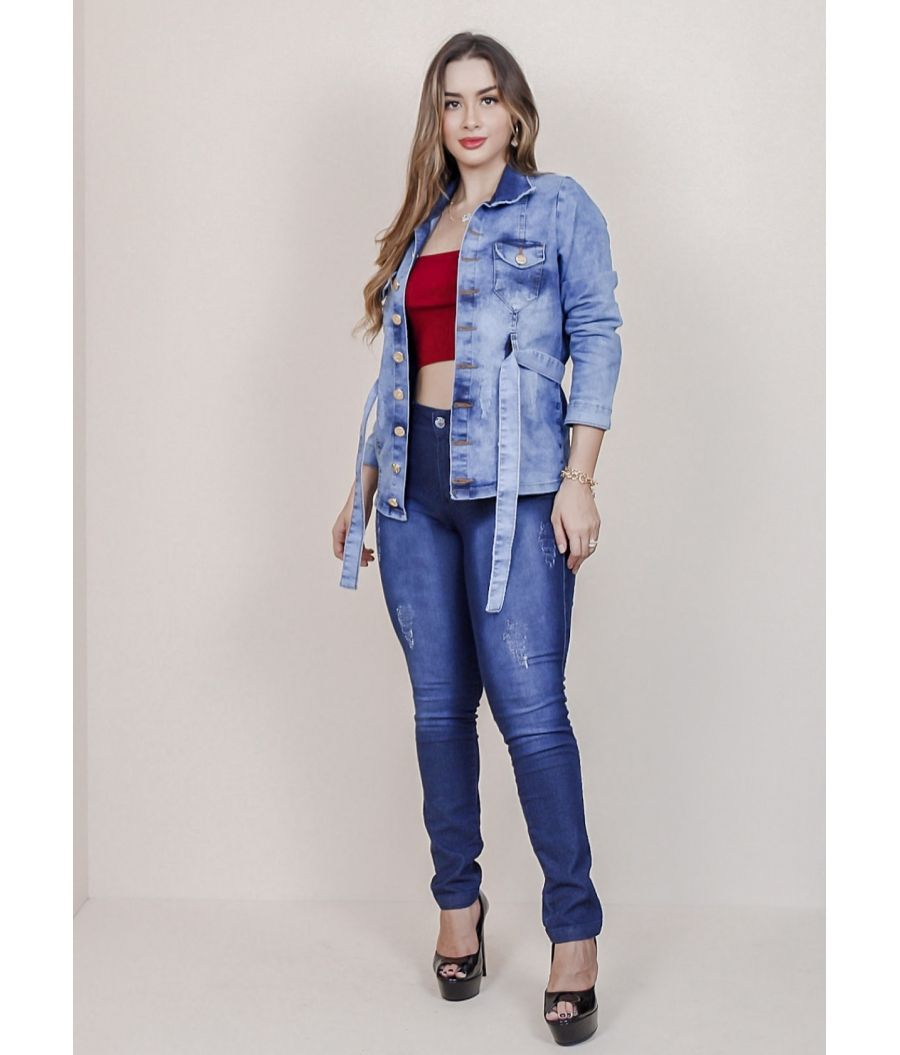 Jaqueta Parka Jeans Com Cinto Feminina  Com Elastano CLEAN