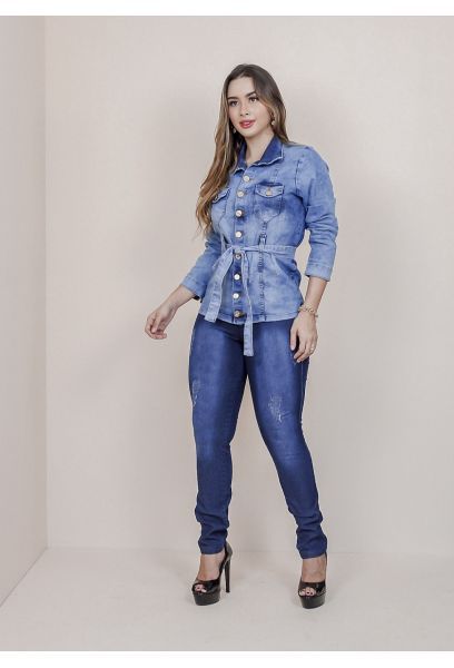 Jaqueta Parka Jeans Com Cinto Feminina  Com Elastano CLEAN em CODO MA