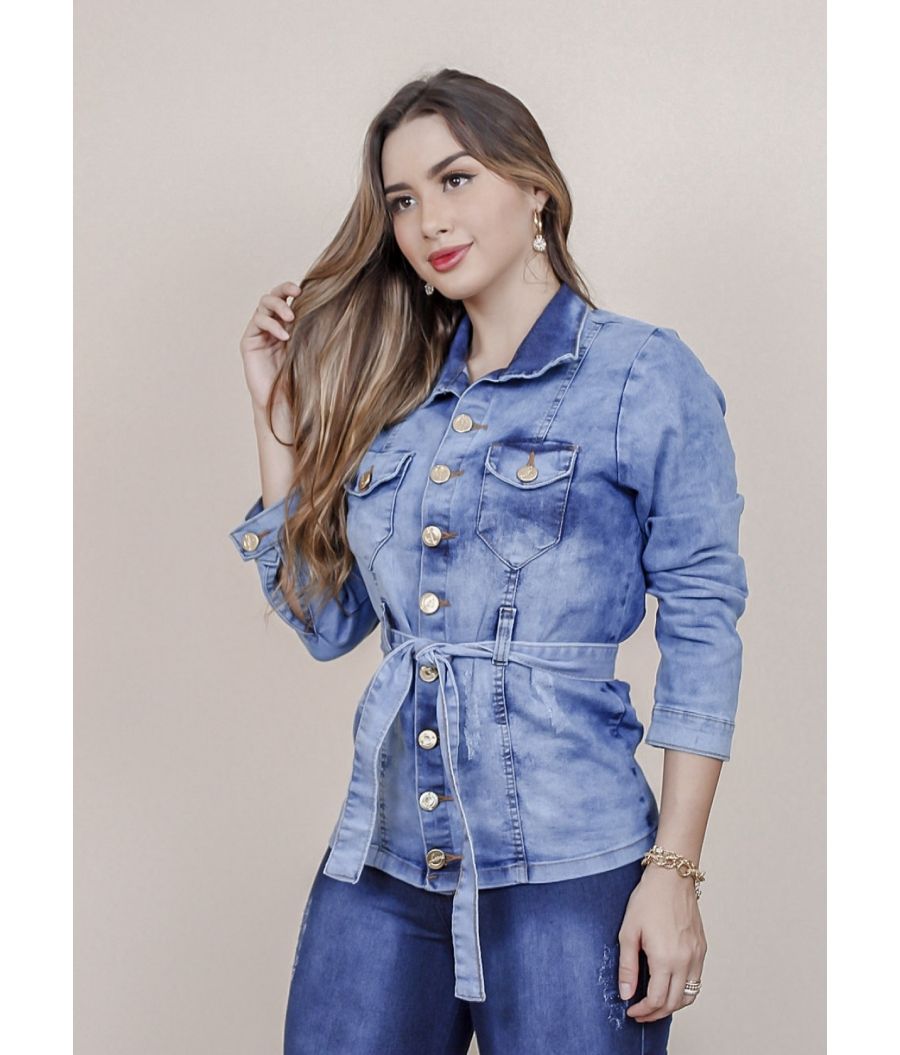 Jaqueta Parka Jeans Com Cinto Feminina  Com Elastano CLEAN