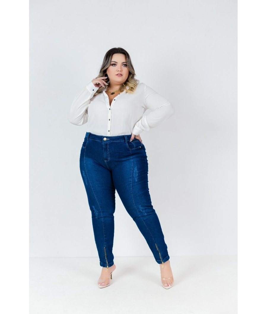 Atacado Calça Jeans Feminina Plus Size Skinny Cintura Alta Zíper