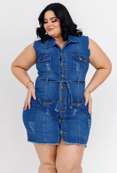 Vestido Jeans Feminino Plus Size Cintura Alta Com Cinto