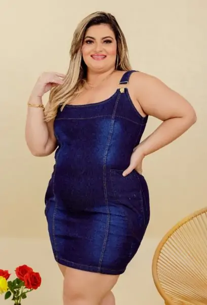 Vestido Jeans Feminino Plus Size Cintura Alta Com Cinto