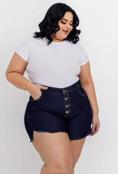 Short Jeans Feminino Plus Size Com Lycra Cintura Alta Escuro