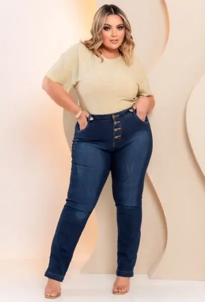Calça Jeans Feminina Plus Size Skinny Cintura Alta Dark