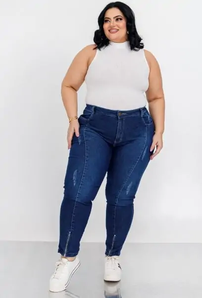 Calça Jeans Feminina Plus Size Skinny Cintura Alta Zíper