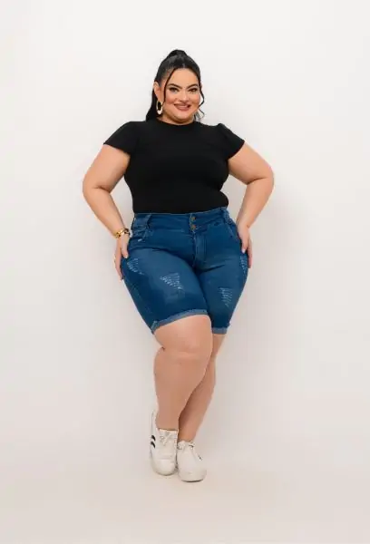 Short Jeans Pedal Feminino Plus Size Com Lycra Cintura Alta DARK