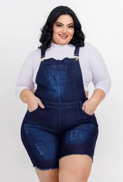Jardineira Jeans Feminina Plus Size Com Lycra Cintura Alta Escura