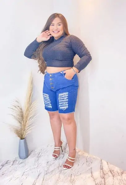 Short Pedal Jeans Destroyed Plus Size Feminino Cintura Alta Sem Lycra