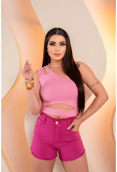 Short Jeans Feminino colorido Cintura Alta Com Lycra Elástico Lateral