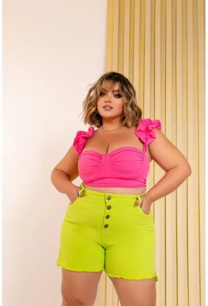 Short Jeans com Botoes Plus size Feminino colorido Cintura Alta Com Lycra