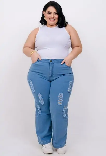 Calça Jeans Wide Leg Feminina Plus Size Destroyed