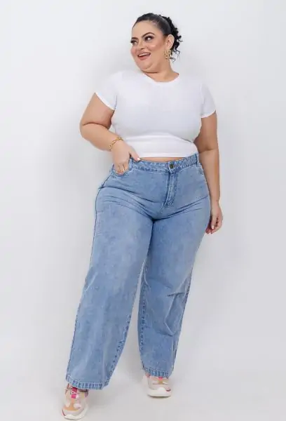 Calça Jeans Sem Lycra Wide Leg Feminina Plus Size 